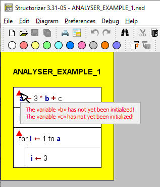 Analyser warning tooltip over the triangle