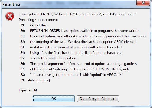 Typical error display on parsing failure