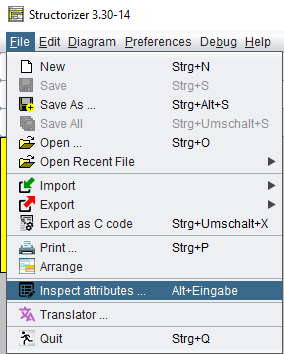 File menu with attribute inspector entry