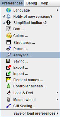 Preferences menu with Analyser preferences selected