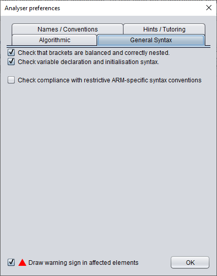 Analyser settings tab 2 (general syntax)
