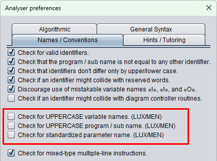 Analyser settings (naming and convention tab)
