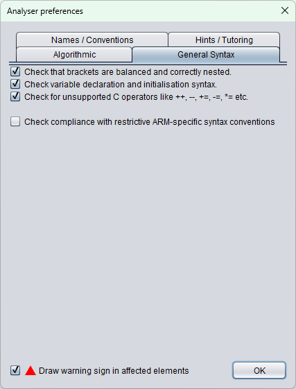 Analyser settings tab 2 (general syntax)