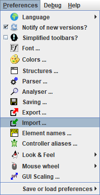Preferences menu with item import selected