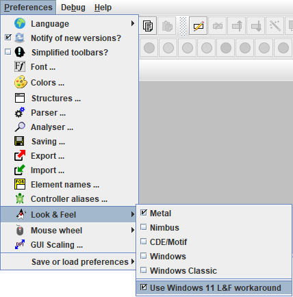 Look & Feel preferences on Windows 11 since 3.32-35 Look and Feel preferences with extra entry for #1133 workaround