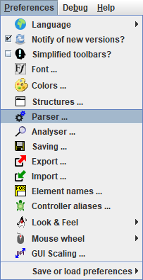 Preferences menu with parser item selected