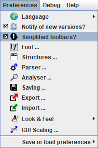 Simplified toolbars item in the Preferences menu