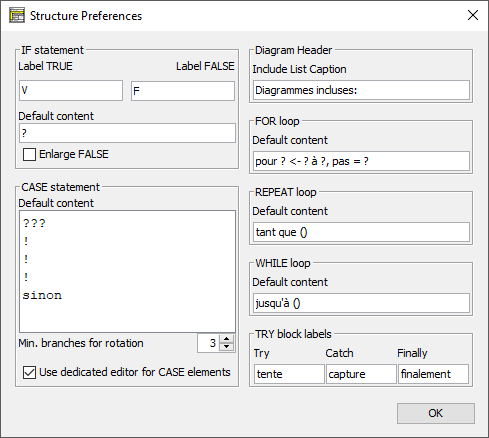 Structure Preferences dialog with french keywords