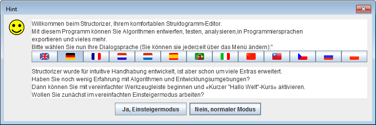 Welcome dialog in German language