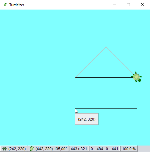 Turtleizer window with drawn hut