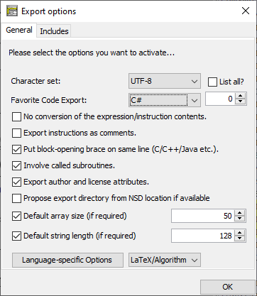 Export options dialog