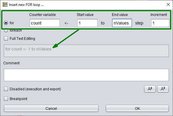 FOR loop editing via the separate text fields