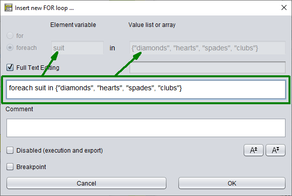 FOR-IN loop editing via the compound text area