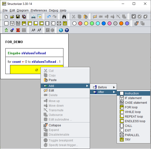 Element insertion to the FOR loop body