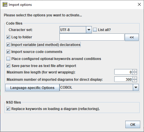 Import options dialog