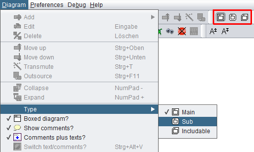 Menu items and toolbar buttons to switch among program and subroutine