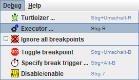Debug menu with the Executor item selected