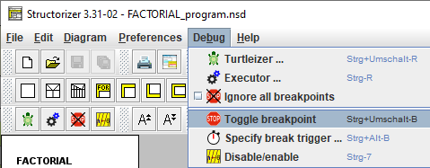 Debug menu with active element-related items