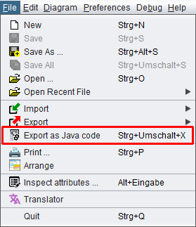 File menu with new menu item for export to the favourite language
