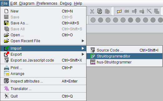 Menu entry for foreign diagram file import File menu with foreign diagram file import items (one selected)