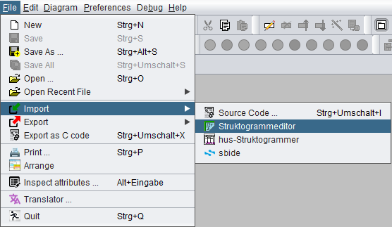 File menu with foreign diagram file import items (one selected)