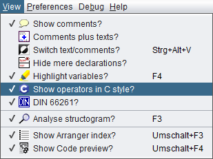 Menu item "Operators in C style" in View menu View menu with C-style menu item selected