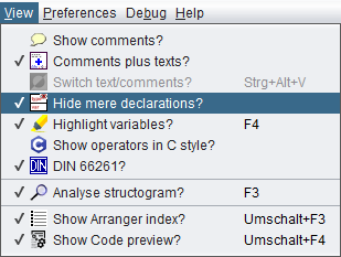 View menu with "Hide mere decalarations?" highlighted
