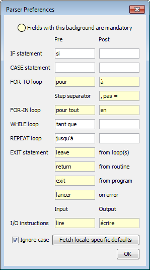 Parser Preferences dialog with french keys