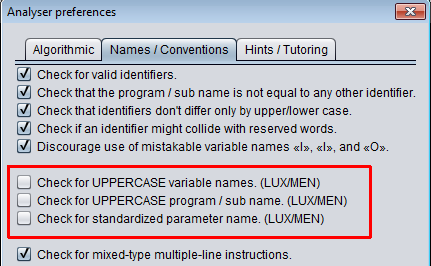 Analyser settings (naming and convention tab)