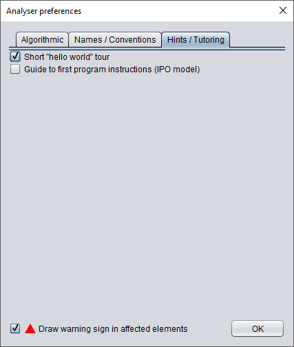 Analyser Preferences with tab hints/tutoring