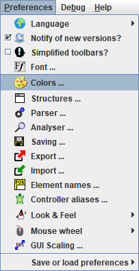 Preferences menu with item Colors selected