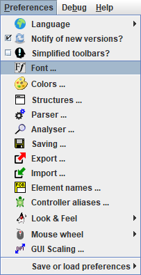 Preferences menu with Font item