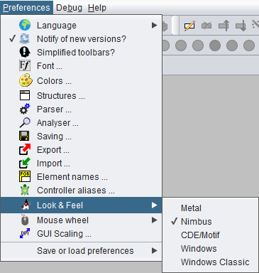 Preferences menu with Look & Feel submenu