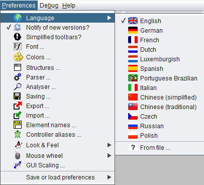 Opened language menu