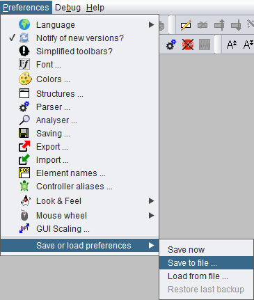 Preferences sub menu Save or load...