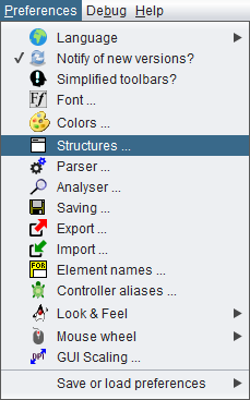 Preferences menu with Structures item selected
