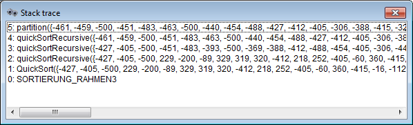 Wide Call stack display with horizontal scroll bar