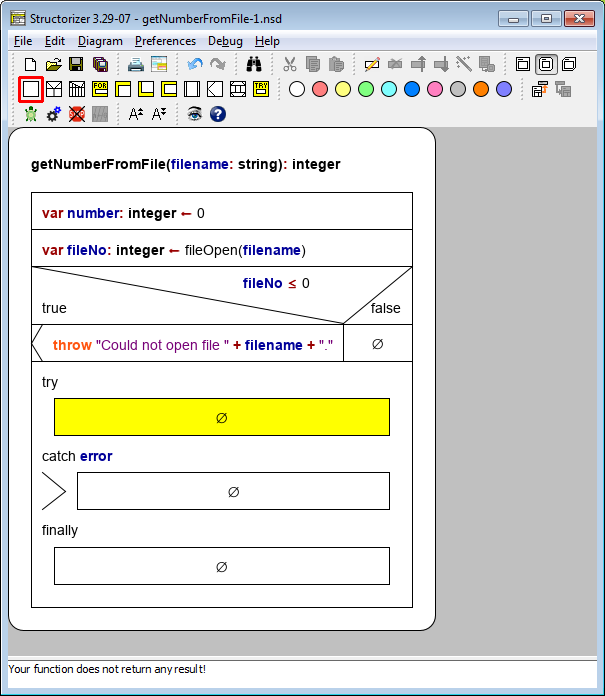 Filing of the try section in a TRY element