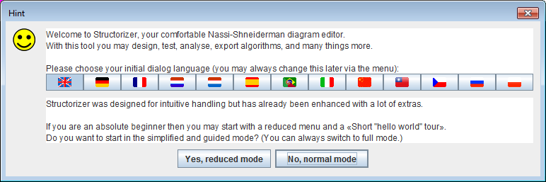 Welcome dialog with language buttons