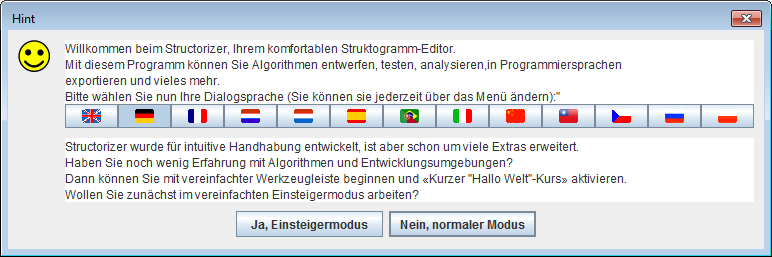 Welcome dialog translated to German